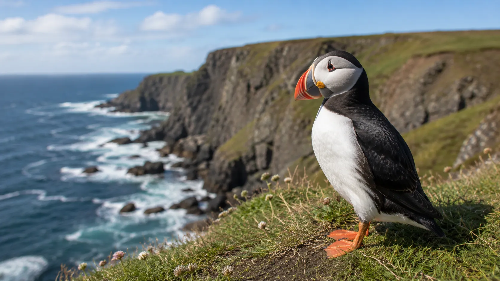 Atlantic Puffin Standing On Grassy Coastal Cliff