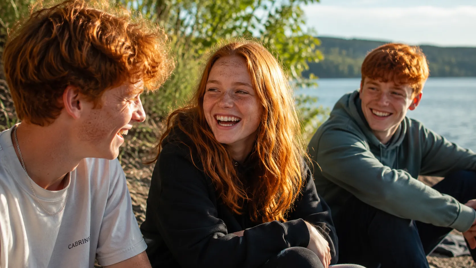 White Teenagers With Copper Ginger Hair By Sunlit Lake