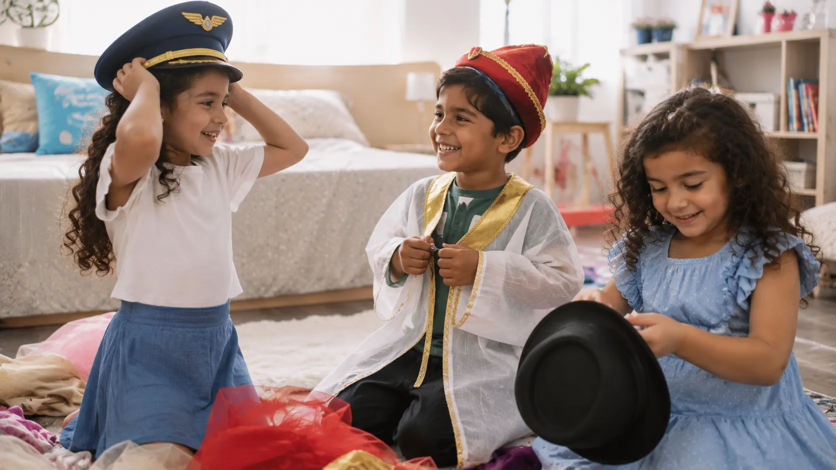 Middle Eastern Children Playing Dress-Up In Bedroom