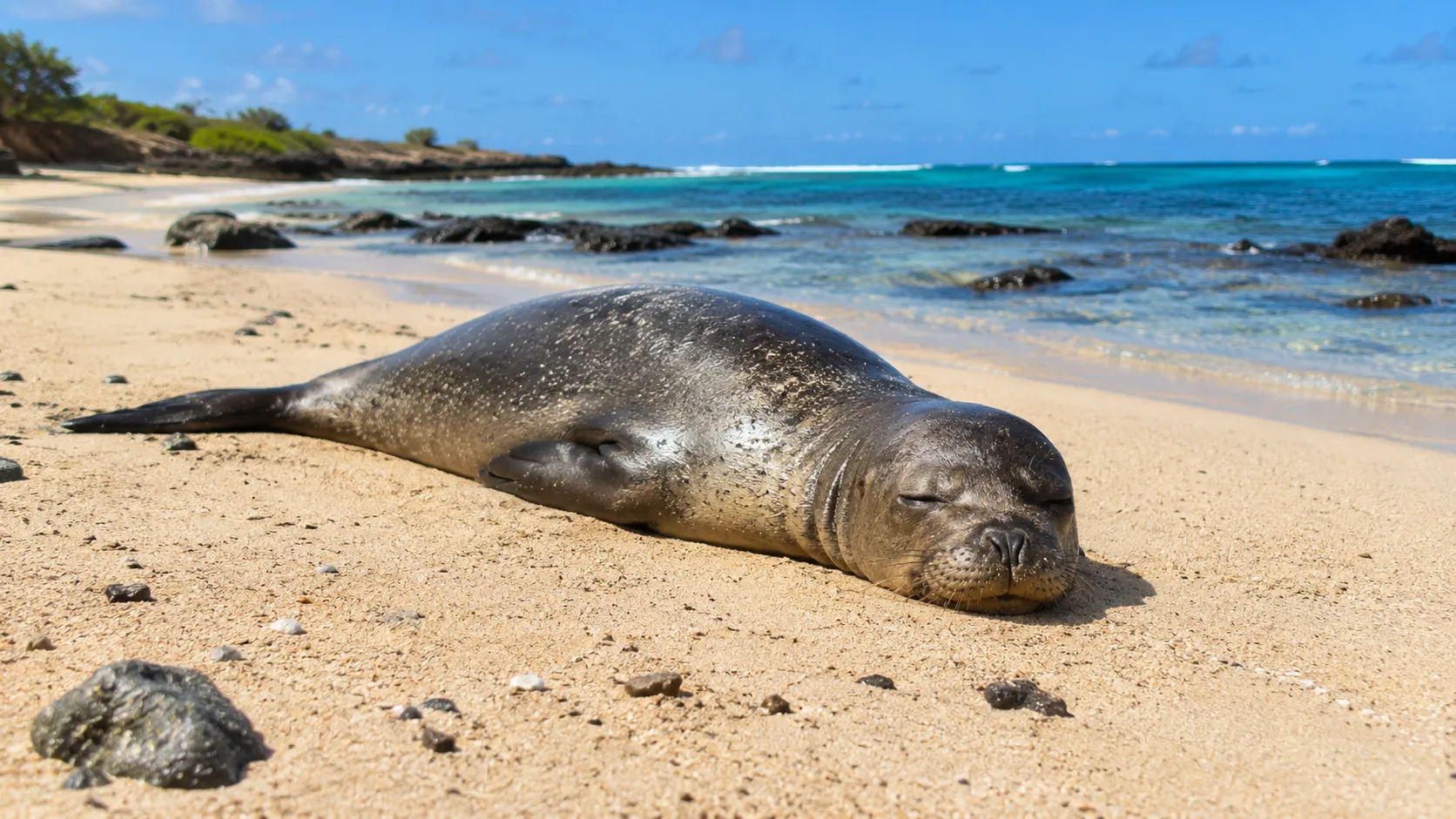 Hawaiian Monk Seal On Tropical Beach