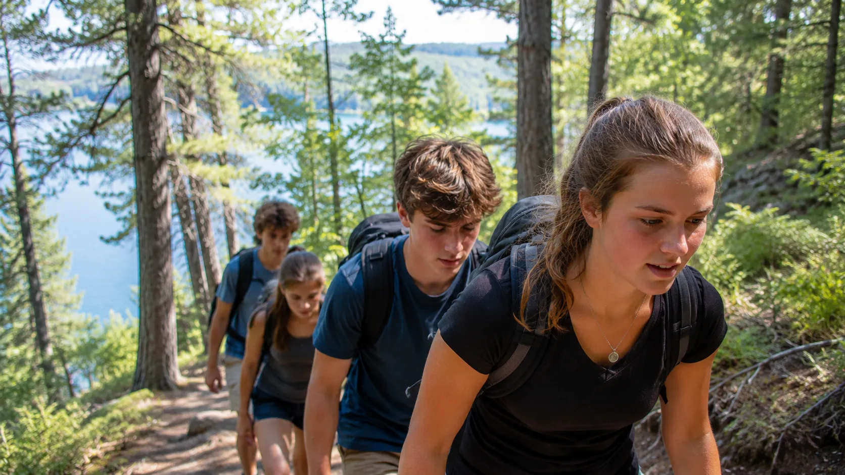 White Teenagers With Chestnut Brown Hair Hiking Forest Trail