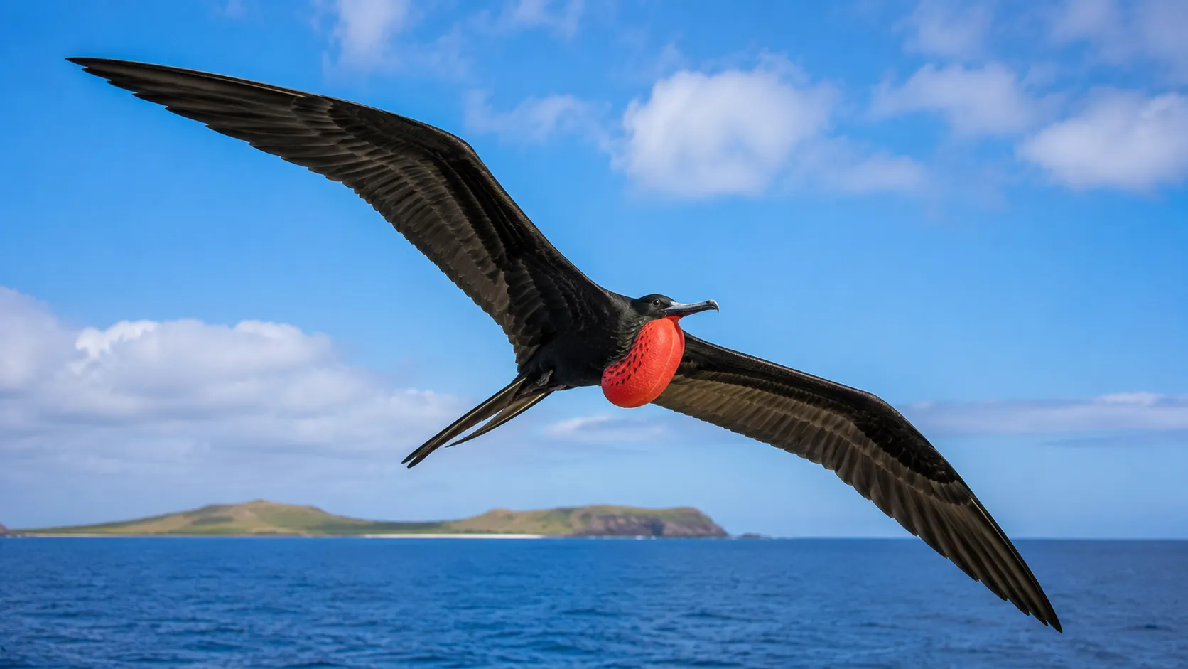 Magnificent frigatebird soaring over tropical ocean