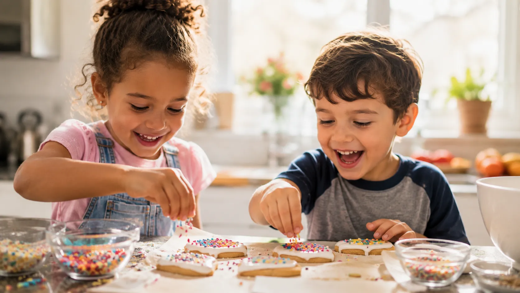 Mixed-Race Children Decorating Cookies With Colorful Sprinkles