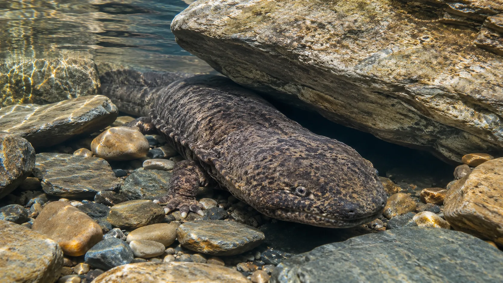 Hellbender Salamander In Clear Rocky Stream