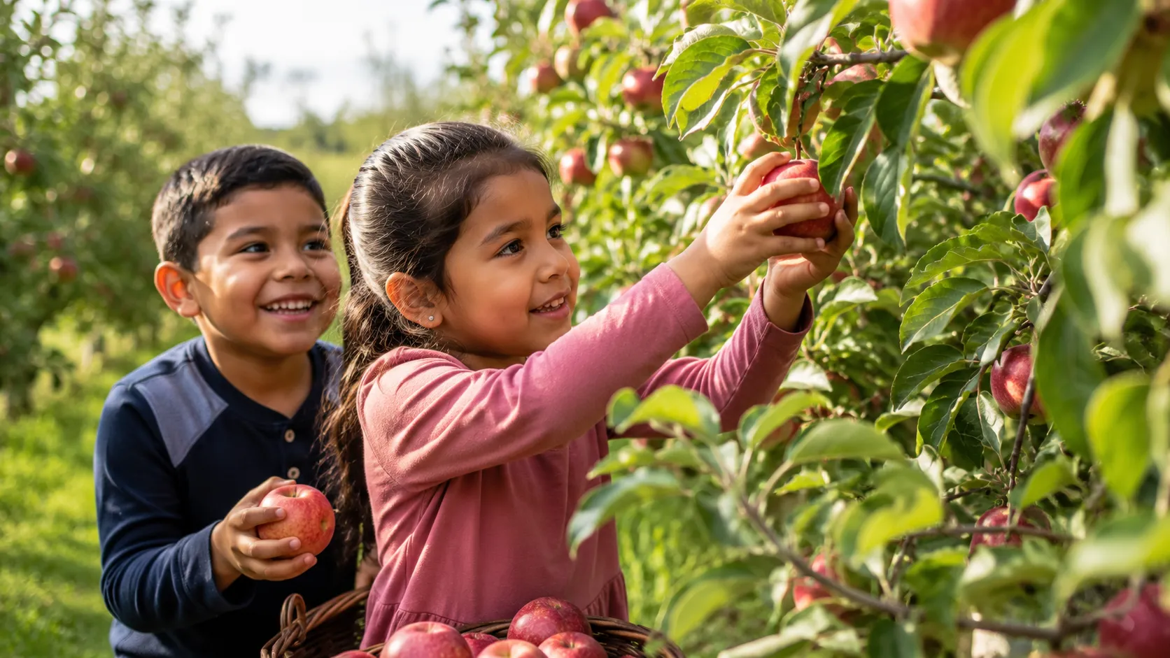 Hispanic Children Picking Apples In Sunny Orchard