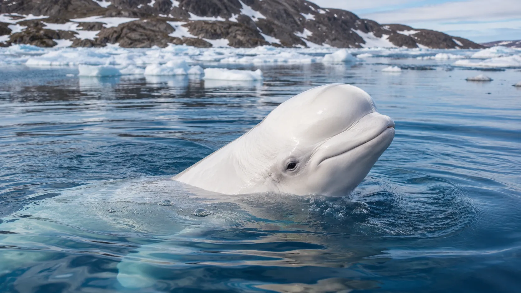 Beluga whale surfacing in bright icy estuary
