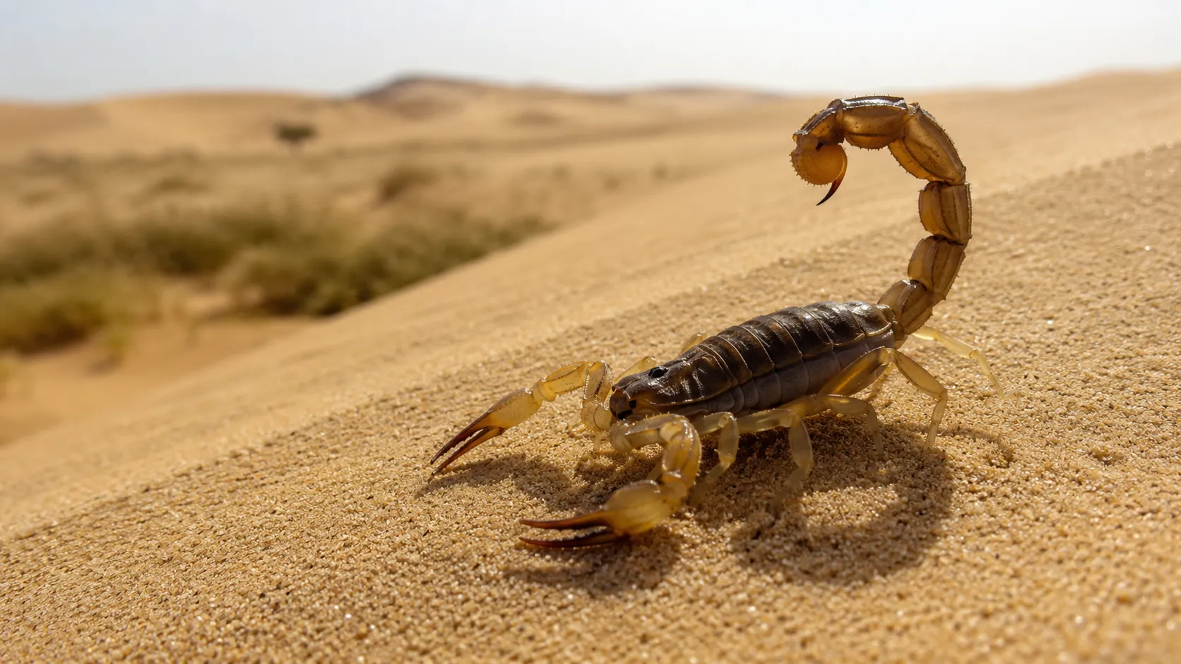 Desert Scorpion Crawling On Sunlit Sandy Dune