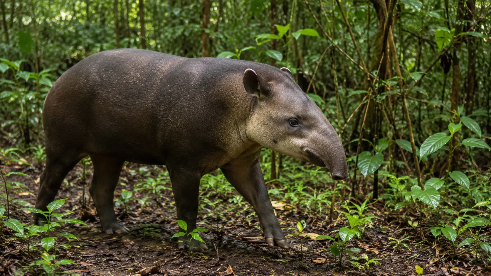 Bairds Tapir Walking Through Central American Jungle