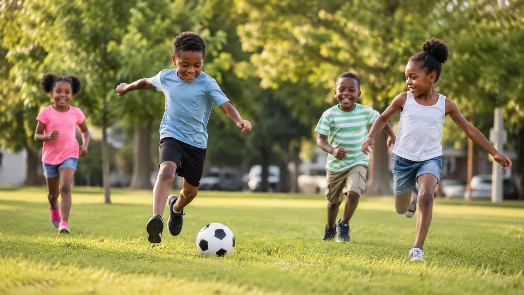 Black Children Playing Soccer In Neighborhood Park