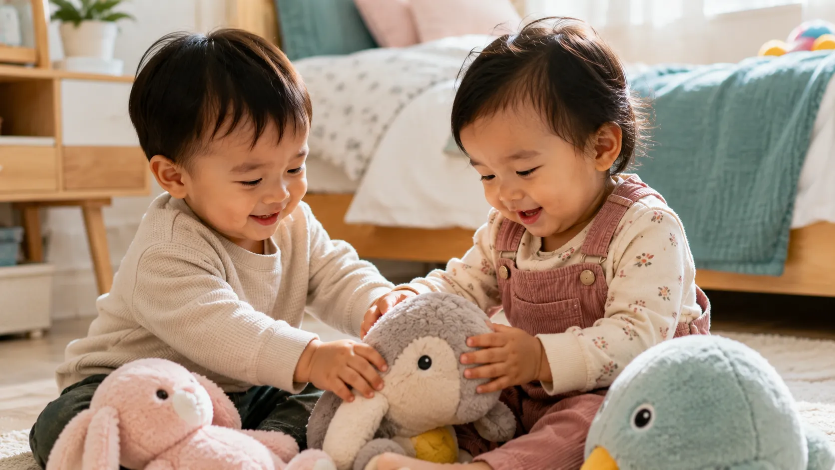 Asian Babies Playing With Soft Plush Toys