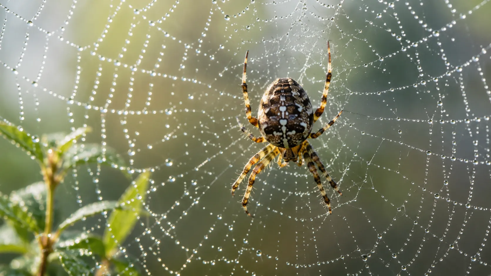 Orb Weaver Spider In Dew Covered Morning Web