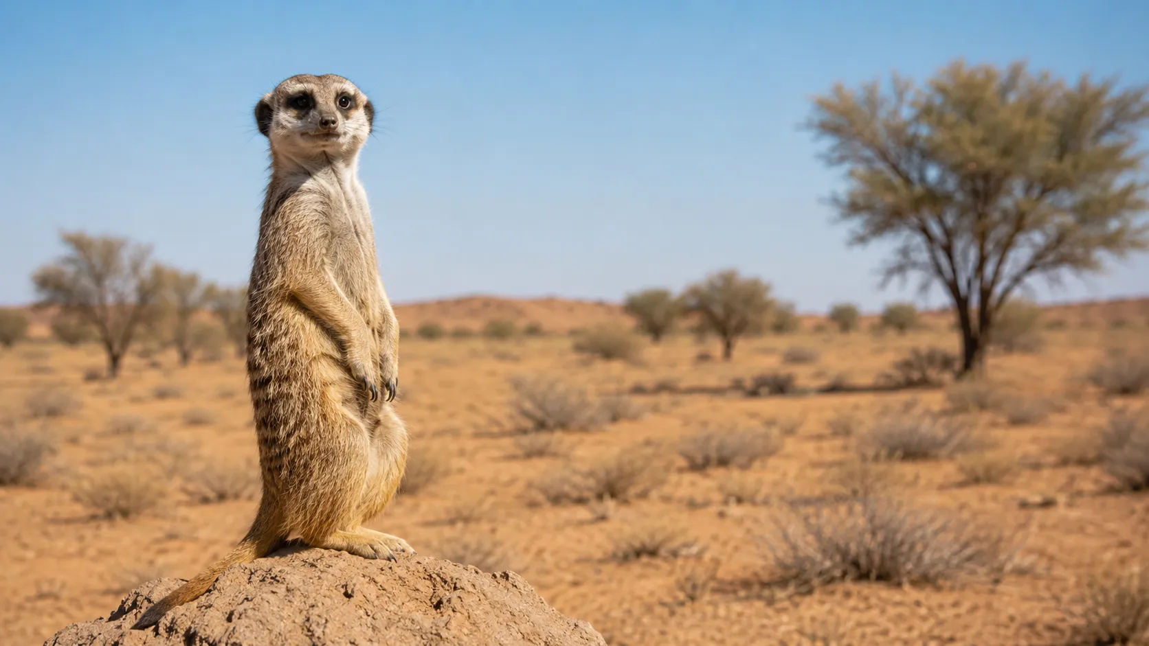 Meerkat Standing Alert In Kalahari Desert