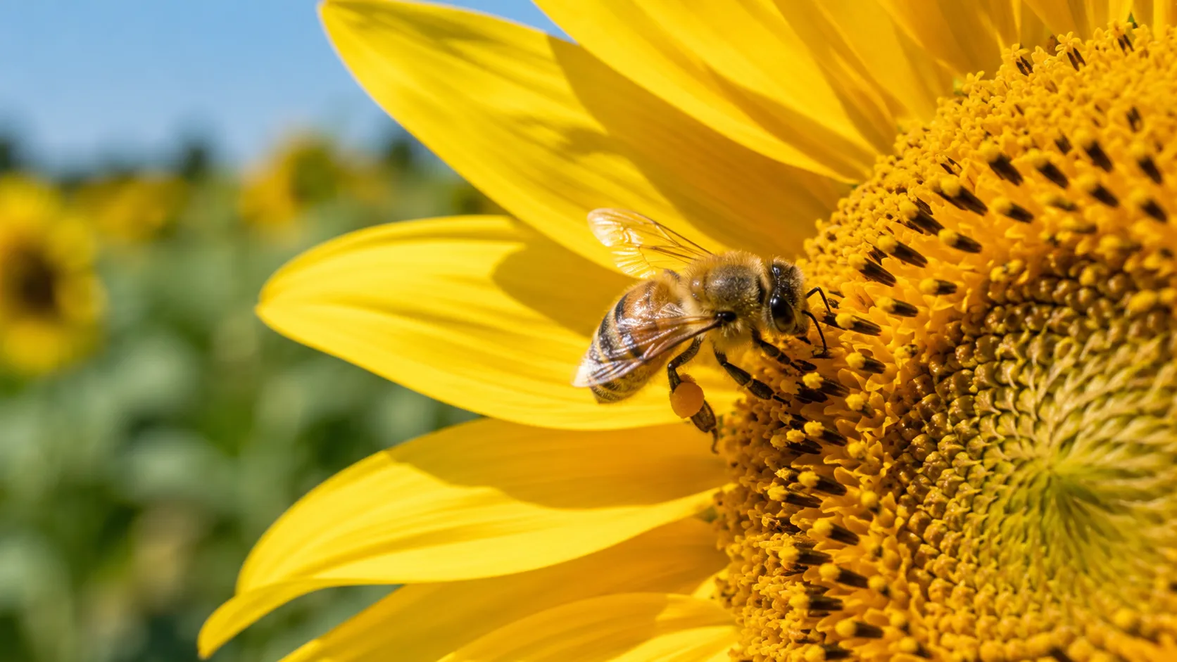 Honeybee Pollinating Bright Yellow Sunflower