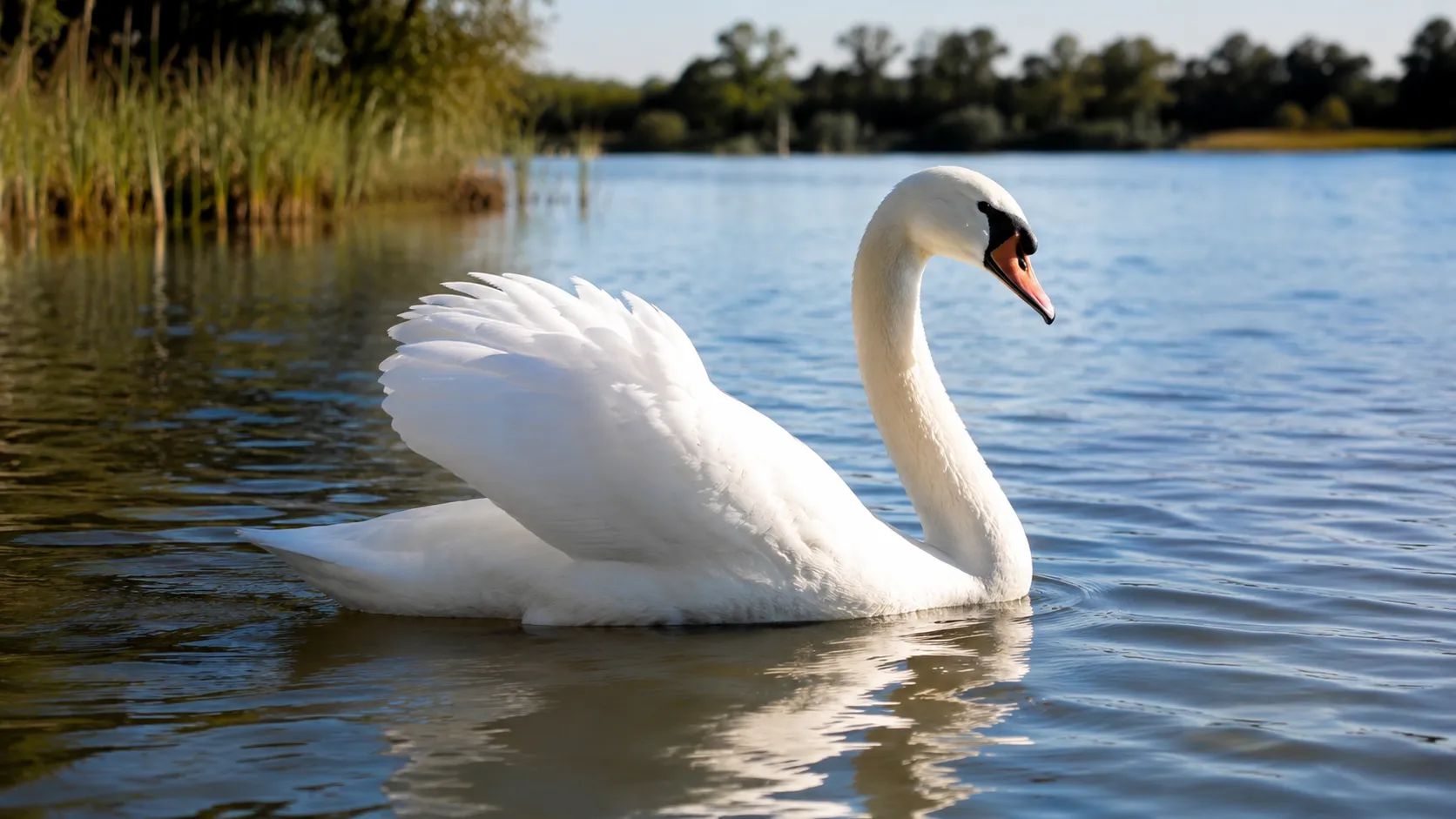Mute Swan Gliding On Serene Sunlit Lake