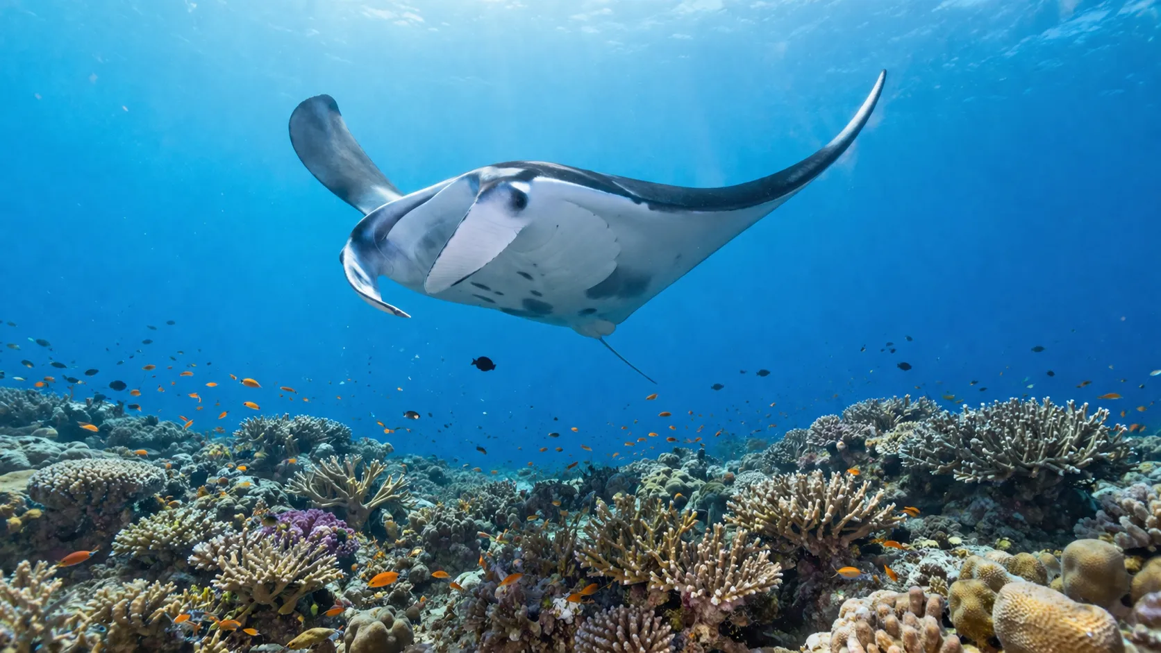 Manta Ray Over Vibrant Coral Reef