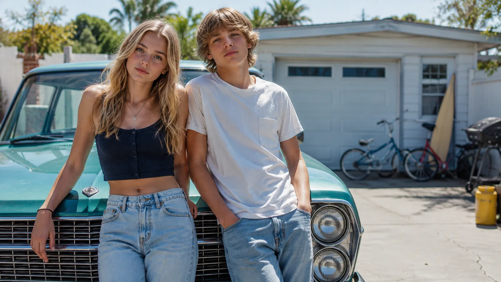 White Teenagers With Dirty Blonde Hair Leaning On Vintage Car