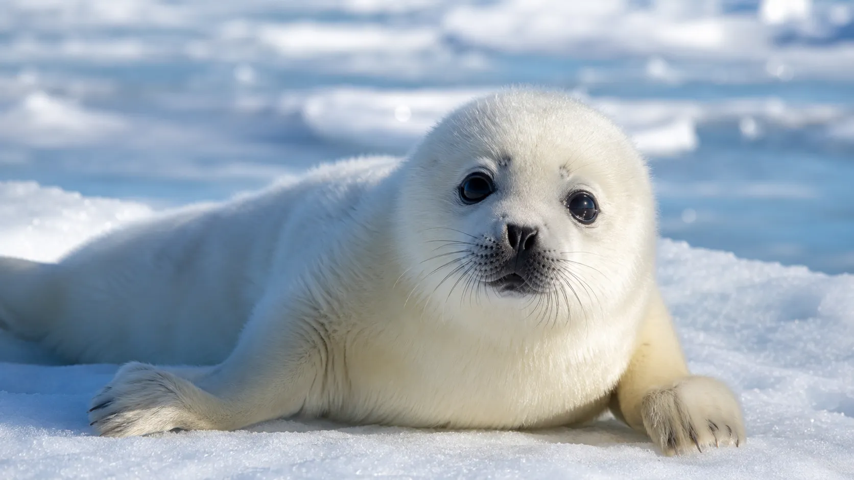 Harp seal pup on bright sea ice