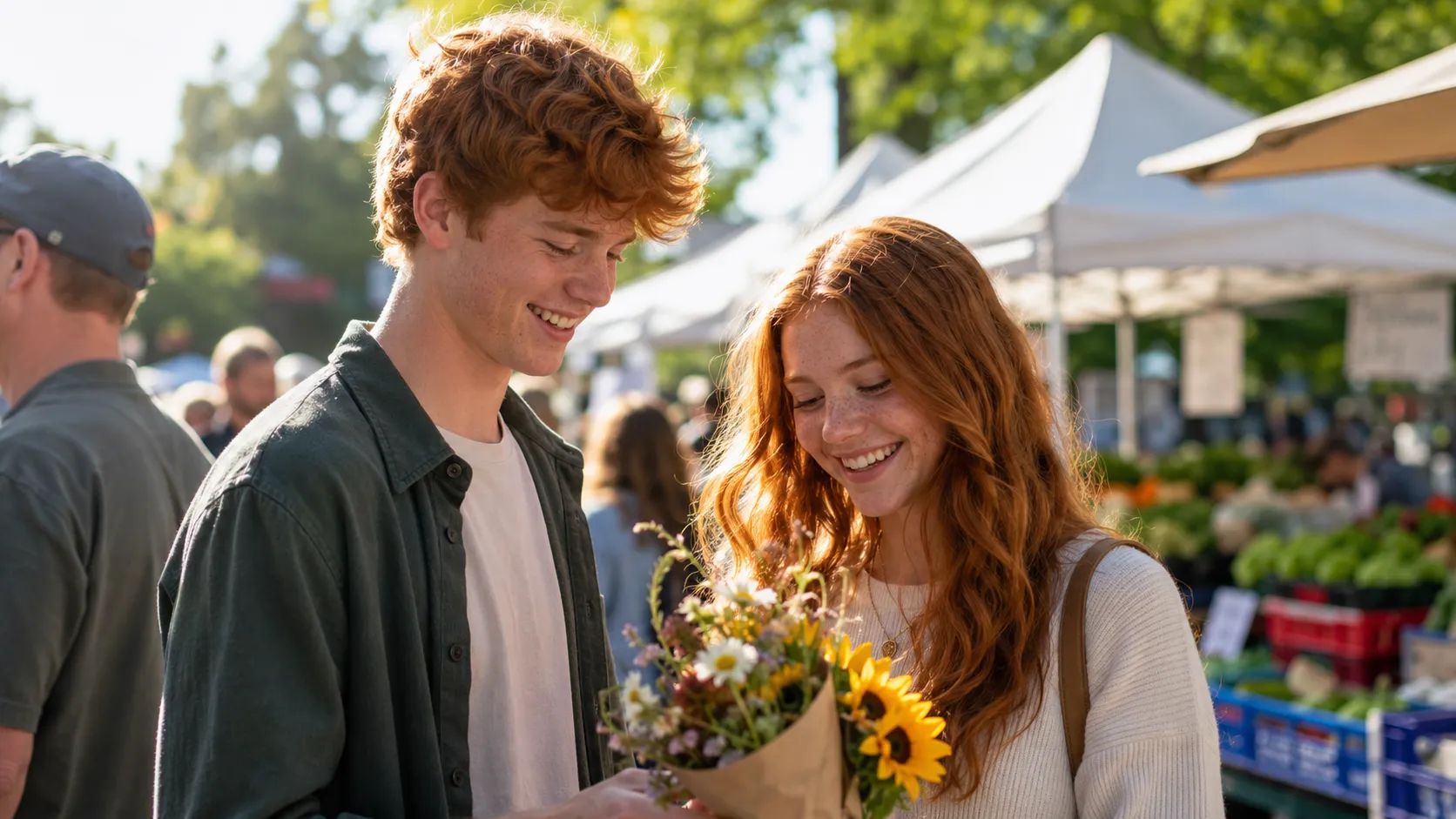 White Teenagers With Mahogany Red Hair At Farmers Market