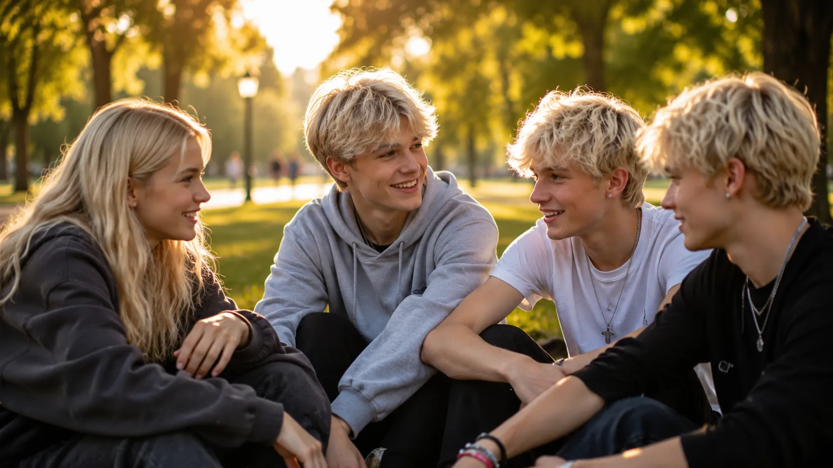 Beautiful White Teenagers With Platinum Blonde Hair In Park