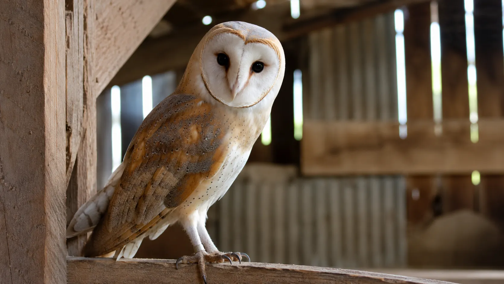 Barn Owl In Sunlit Rustic Barn