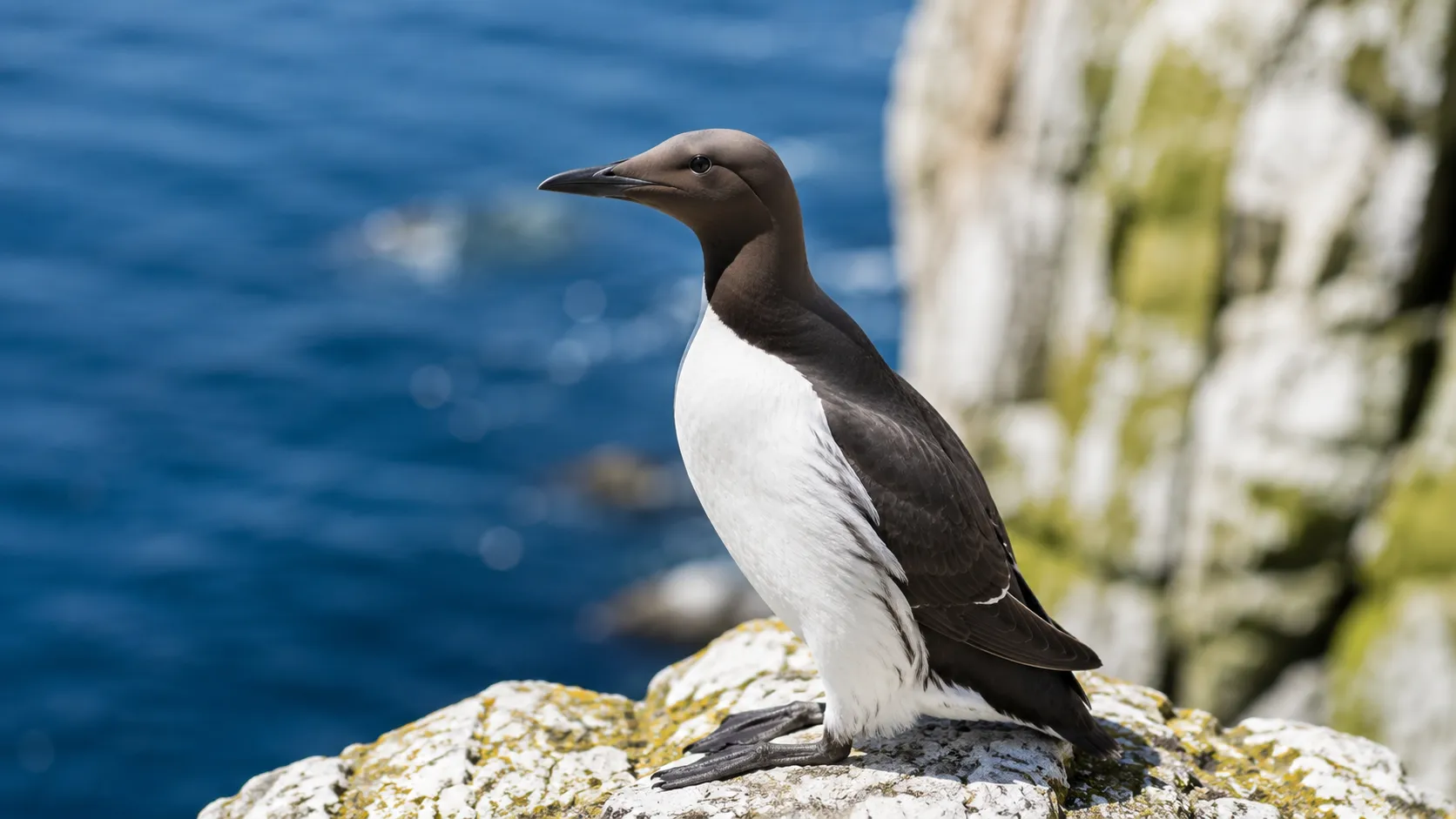 Common murre on sunlit sea cliff