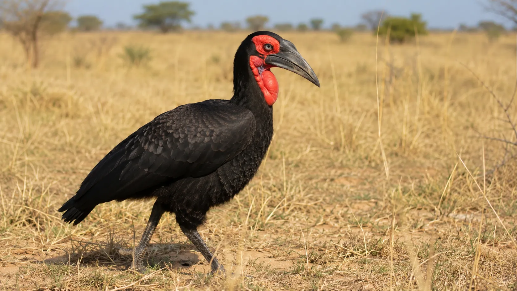 Southern Ground Hornbill In African Savanna
