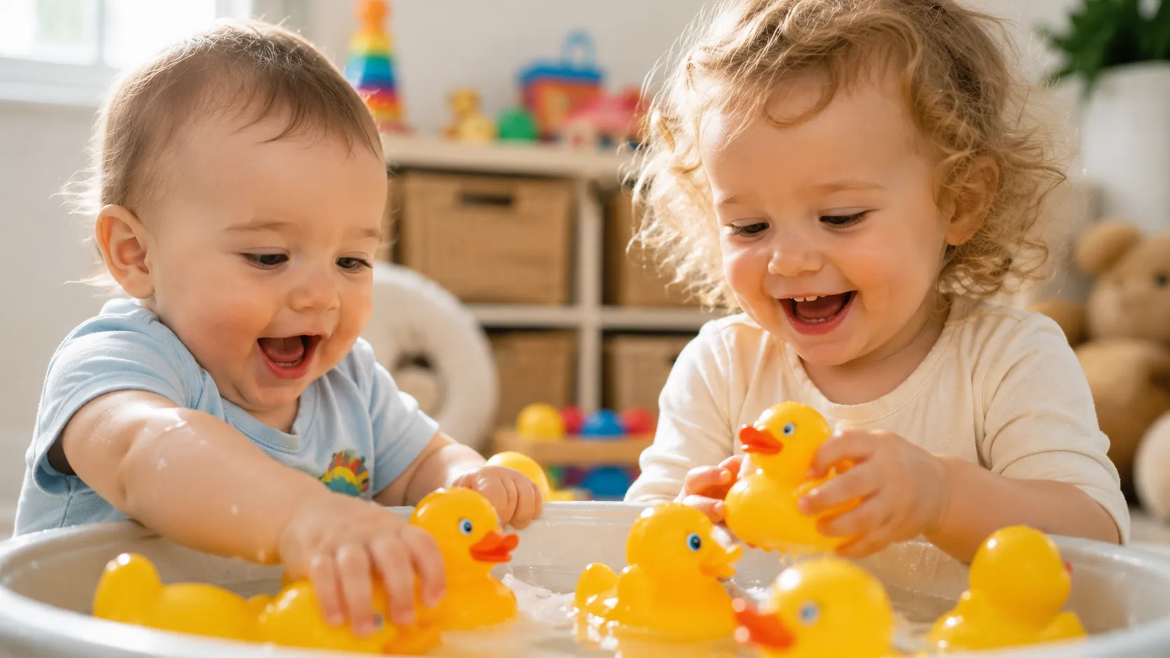 White Babies Taking Bubble Bath With Ducks
