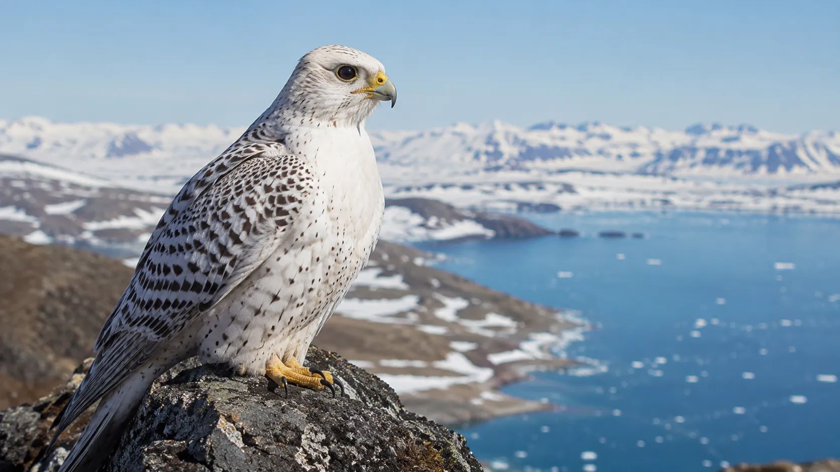 Gyrfalcon on bright Arctic cliff