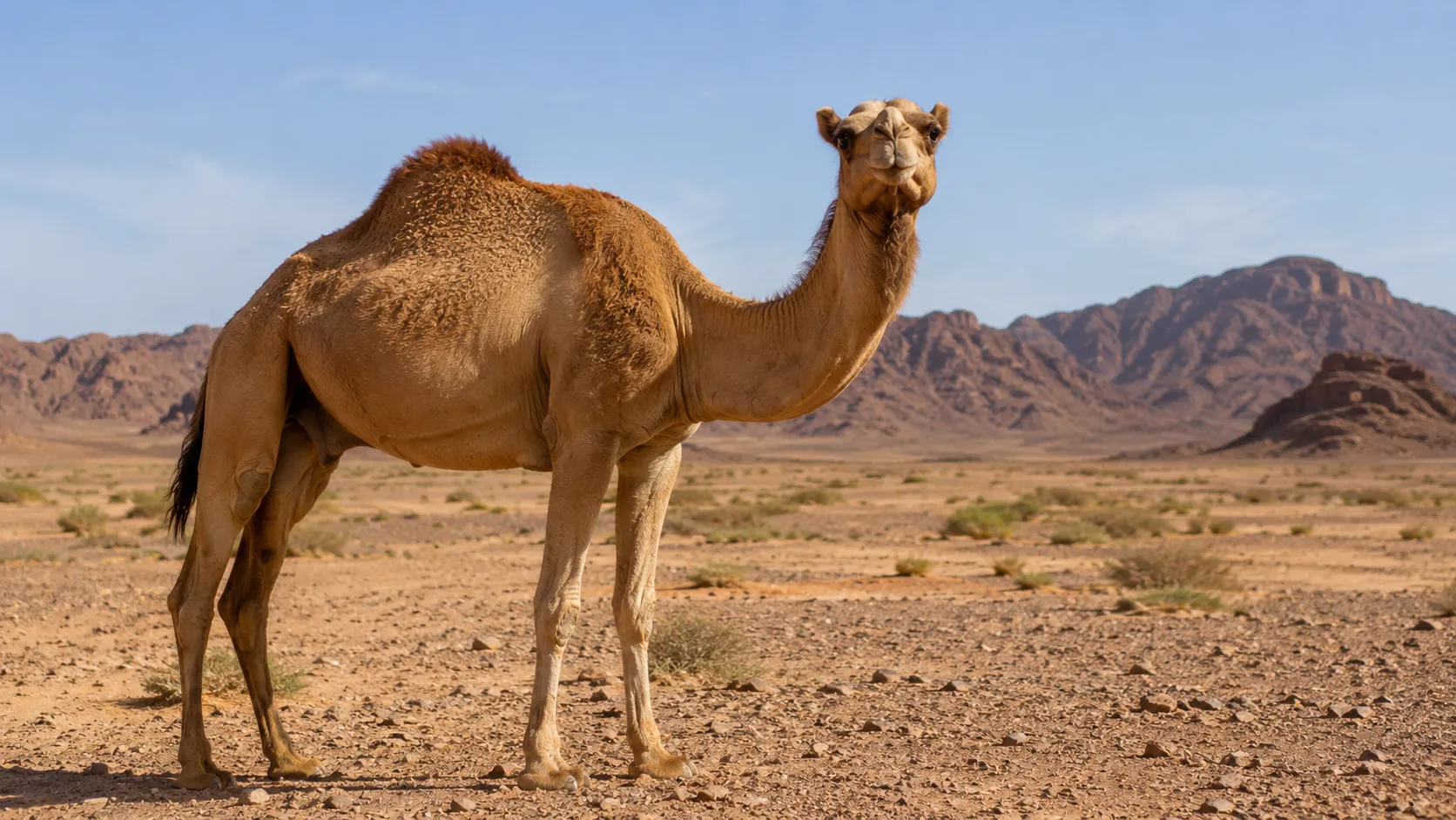 Dromedary Camel Standing In Arid Desert Landscape