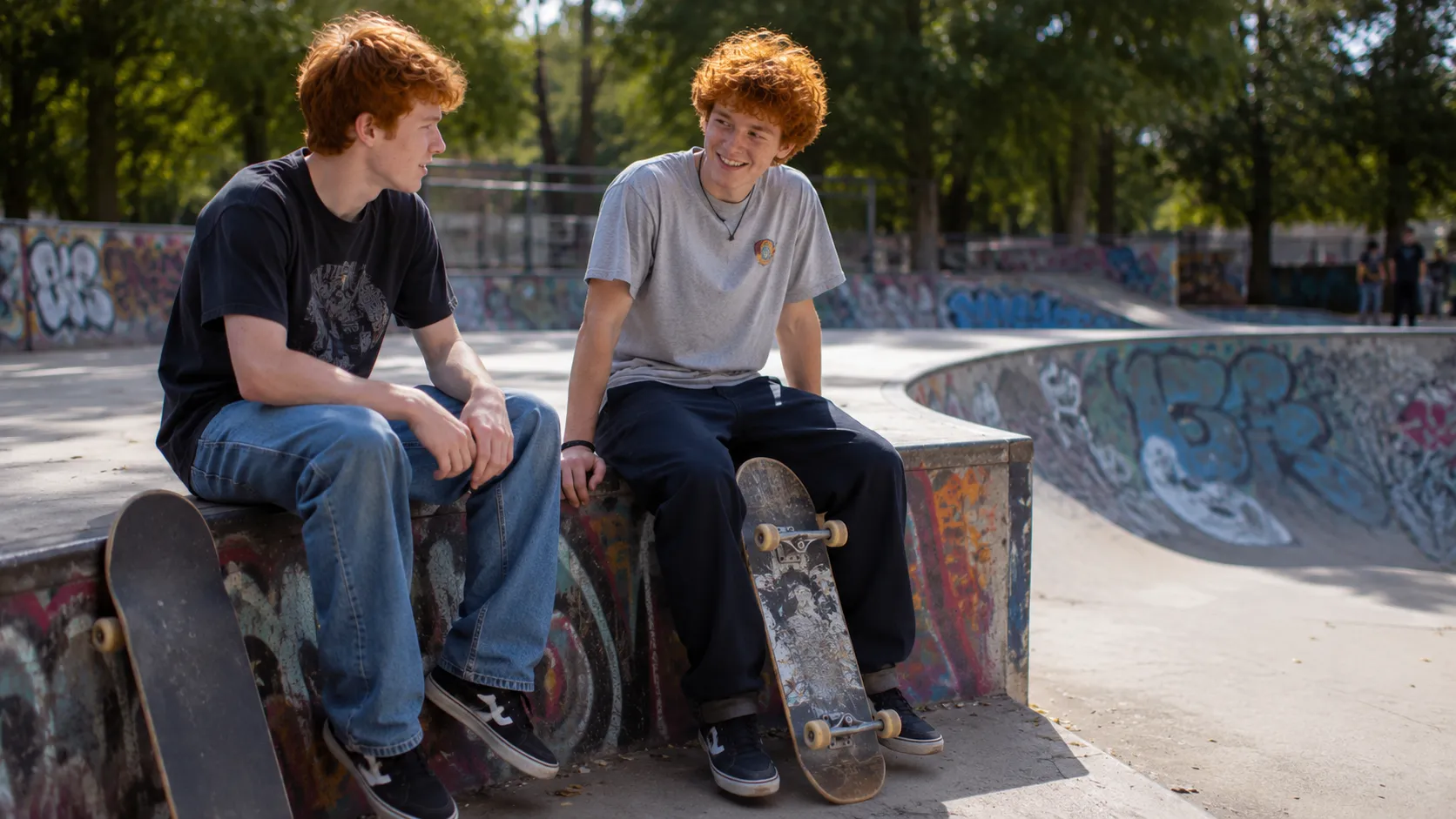 White Teenagers With Auburn Red Hair At Skatepark