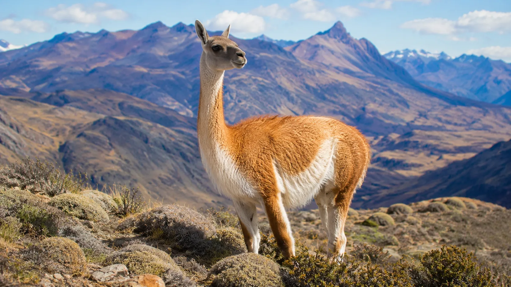 Guanaco Standing In Rugged Mountainous Terrain